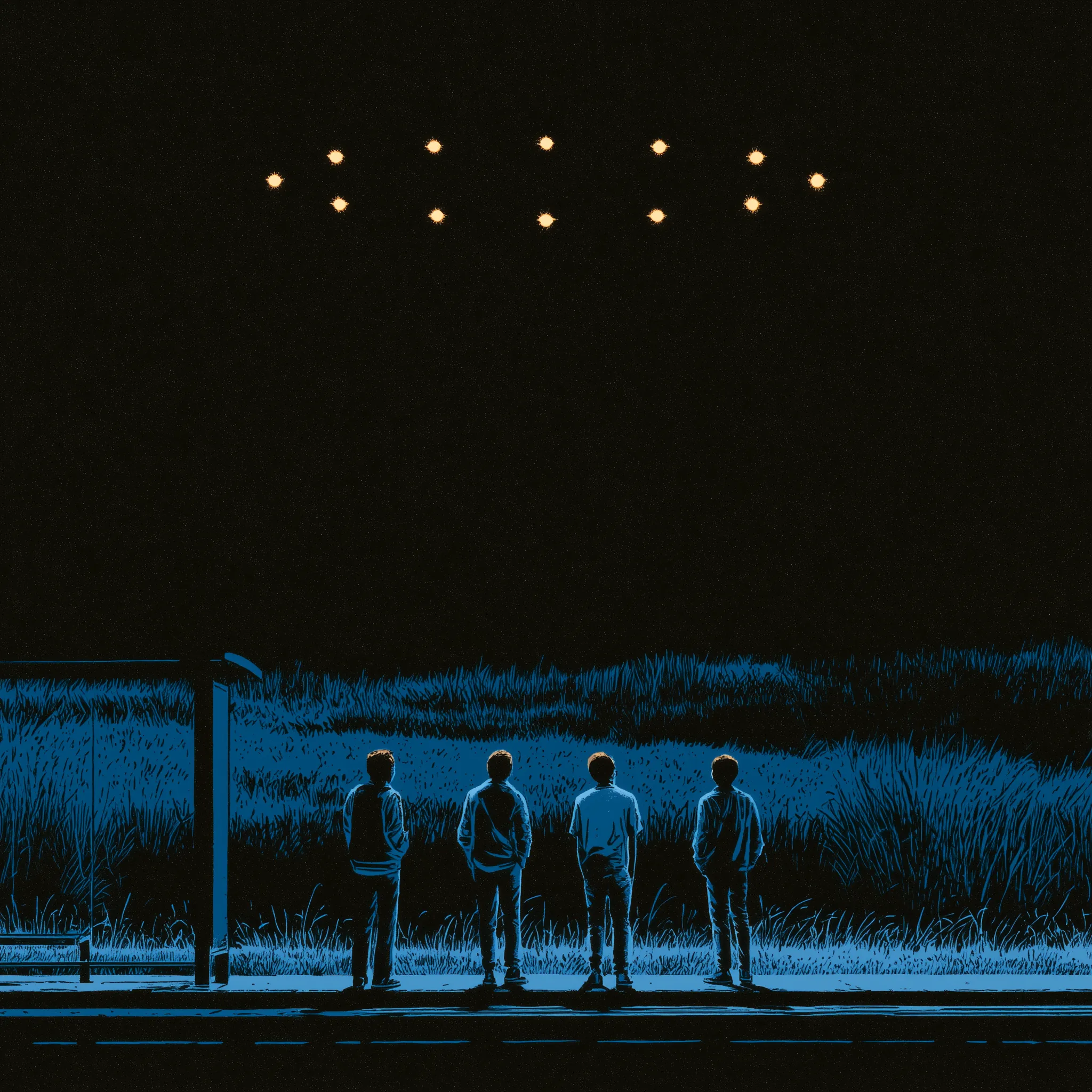 Four people at a bus stop look up at a ring of lights in the night sky.